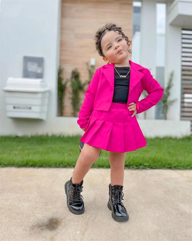 Ms-212 Children Boutique Clothing Kids Skirt And Top Set Lapel Jackets Top + Mini Pleated Skirt  Girls Two Piece Summer Out