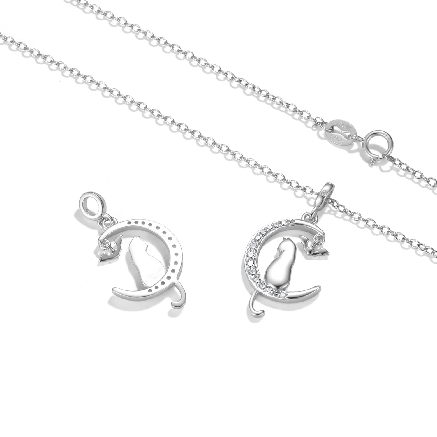 Moon Cat and Bat Necklace Pendant with Clear Zirconia Authentic 925 Sterling Silver for Amazon Women Necklace Jewelry Wholesale