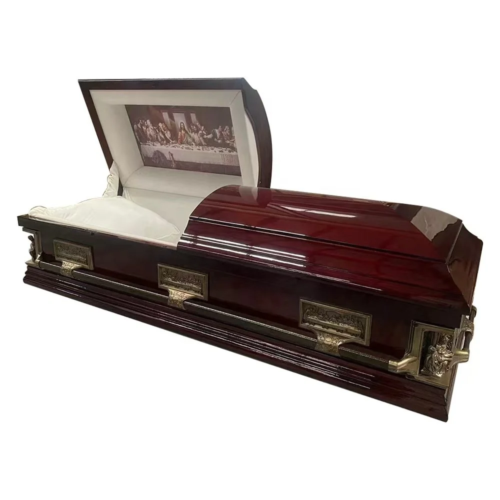 Luxury European Style Oak Solid Wood Casket Coffins Biodegradable Velvet Interior Colorful MDF Funeral Burial