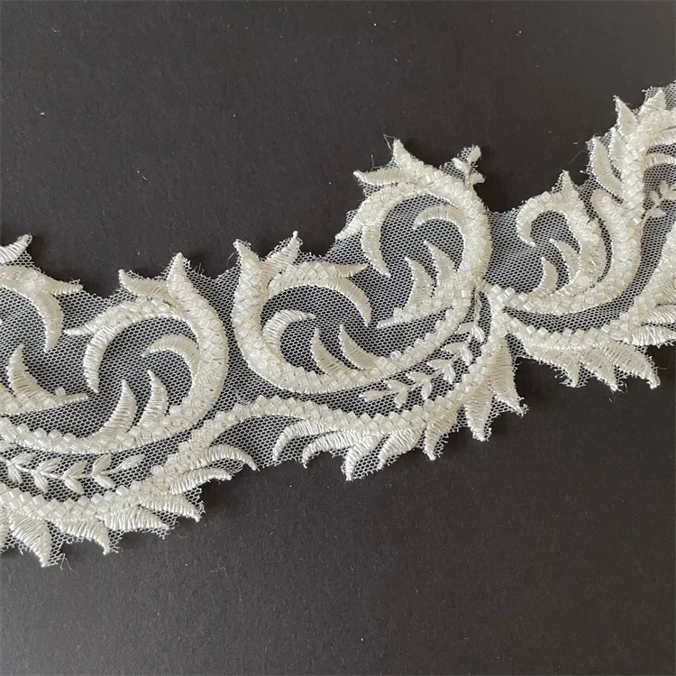 Factory Customized 9cm embroidery beaded border lace trim for wedding gown
