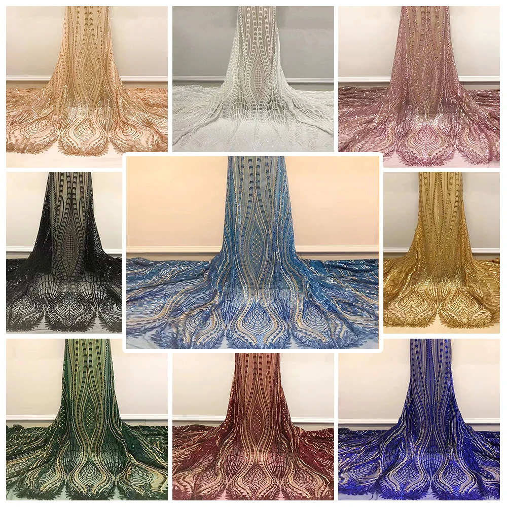 Luxury glitter sequin embroidered fabric Nigeria wedding dress lilac purple tulle lace fabric for 5 yards