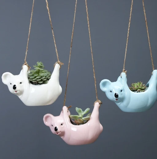 Cute cartoon animal koala hanging basket flower pot, minimalist creative desktop plant decoration ceramic flower pot.