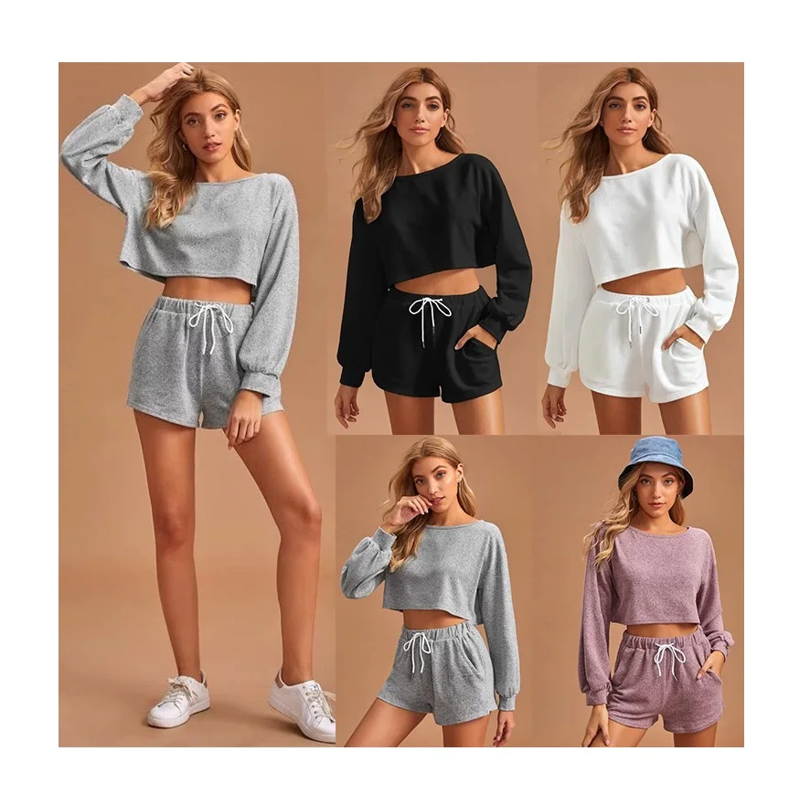
SR014 Woman 2 Piece Set Clothing Knitted Long Sleeve Crop Top and Shorts Spring Sets for Women 