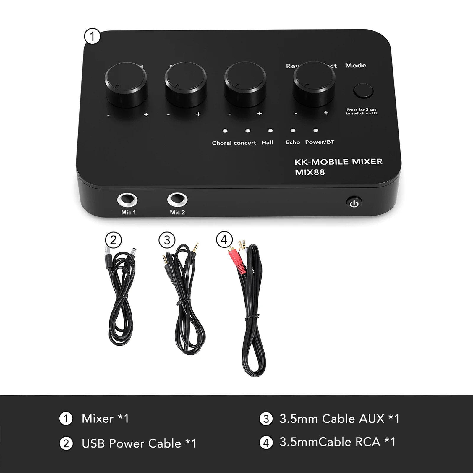 MIX 88 Portable Karaoke Microphone Mixer 2 Mic Inputs AUX IN/OUT BT Connection Reverb Effect for Home Theatre Car Audio