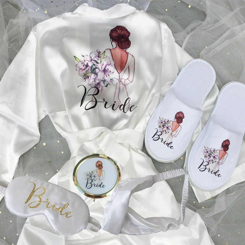 Wholesale Satin Bride and Bridesmaid Silk Robe Wedding Designer Bathrobe Short Robe with Printing Photos