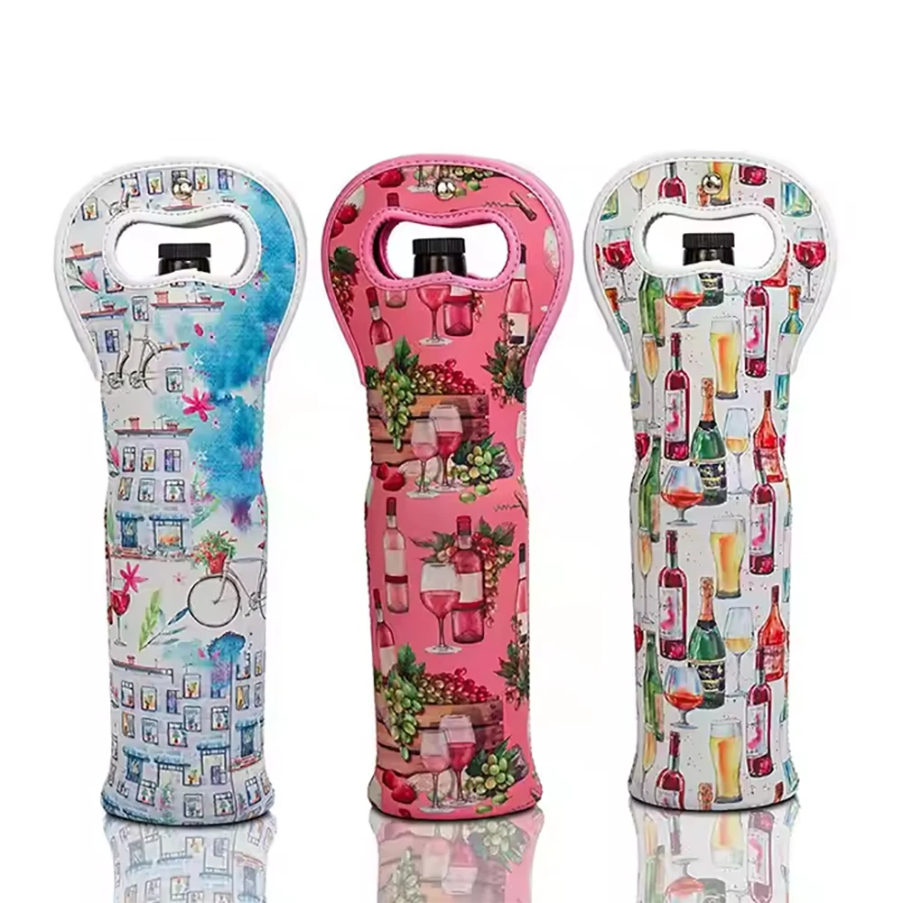 Customized Sublimation Portable Wine Tote Holders Wine Bag Carriers Insulated Neoprene Wine Bottle Holder Cooler