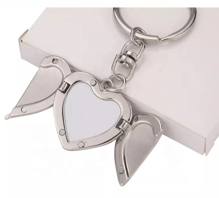 Lancoda Silver Angel Wing Sublimation Metal Charm Heart Keychains