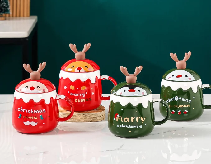 Creative Christmas Mug Cup With Spoon Cute Elk Christmas Cup Ceramic Coffee cup with lid for Christmas present