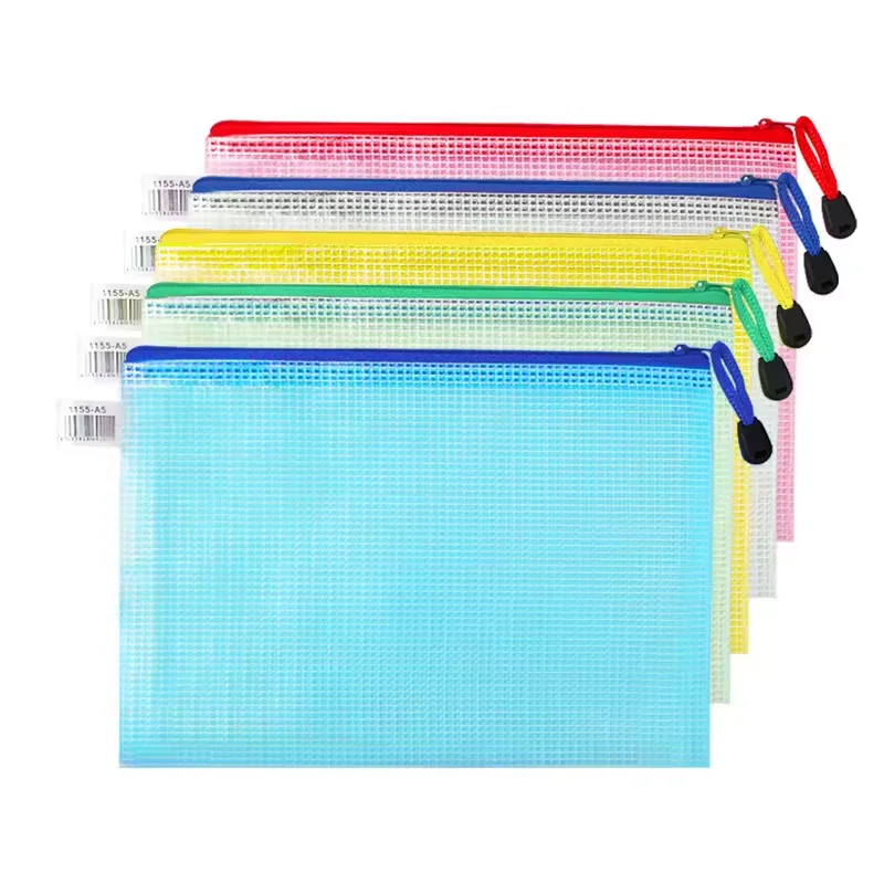 Transparent Document Wholesale Durable Custom LOGo Waterproof Bags PVC Zip File Pouch with Mesh Window Zipper File Folder Bag