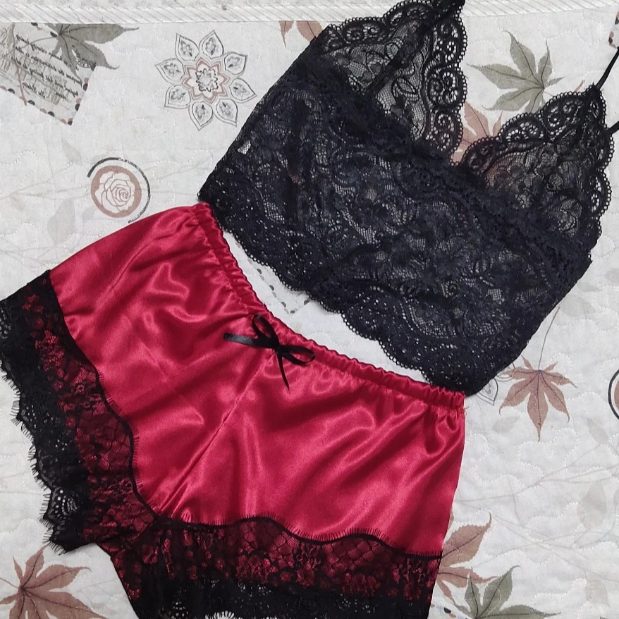 Wholesale WomenSexy Short Silk Nightwear Linger Set Nightdress Sleepwear Ladies Adult Loose Nightgown 2 Piece Satin Pajamas