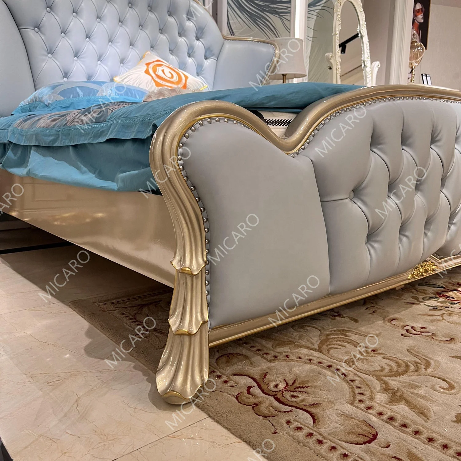 French classic solid wood cow leather headboard beds full master bedroom furniture set