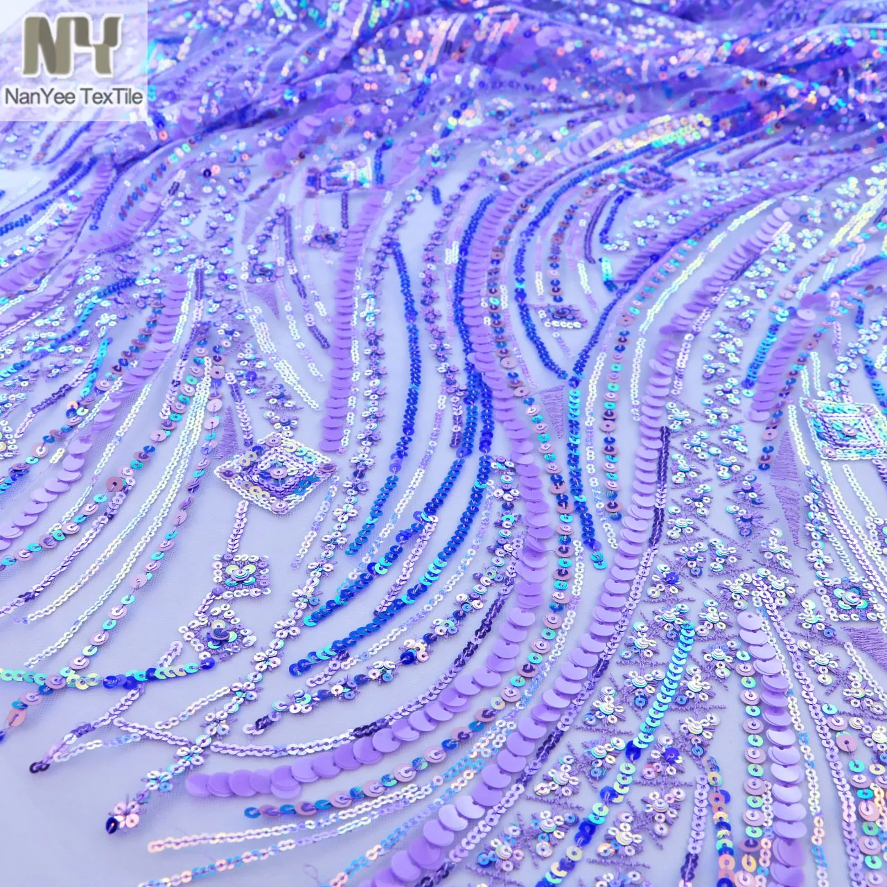 Nanyee Textile New Elegant 3+5+7mm Curving Striped Lavender Color Sequin Fabric For Ceremonial Dress