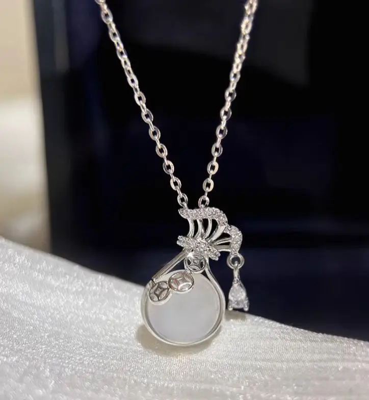2024 New 925 Silver Material High end Design Round Zircon Lucky Bag Pendant Silver Necklace