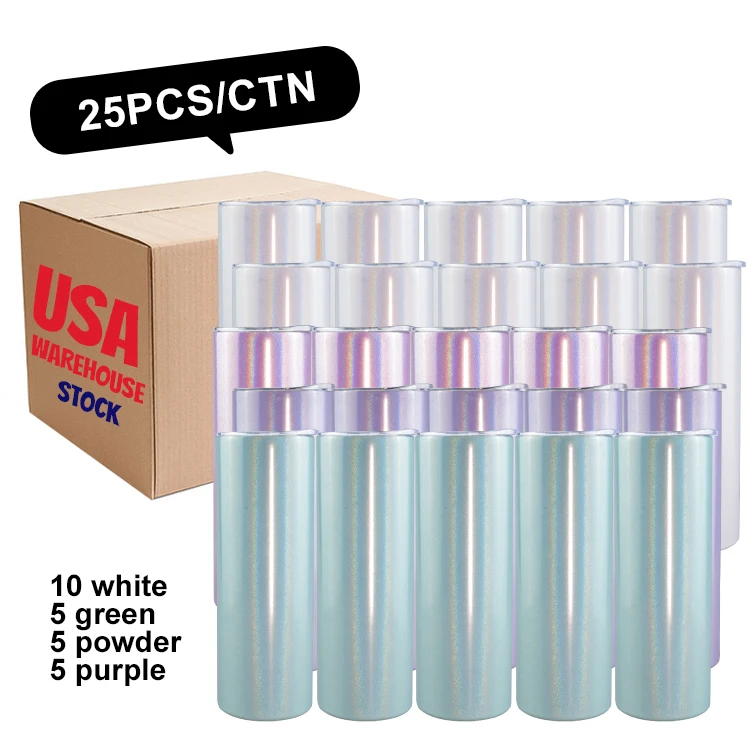 USA Free Shipping mixed color 20oz White purple green pink Stainless Steel glitter Sublimation Blanks Straight Skinny Tumblers