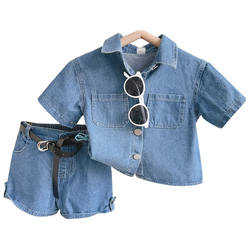 2024 Wholesale fashion summer girls casual short sleeve two pieces denim sets for girls