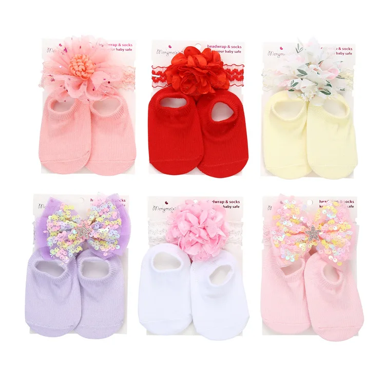 Spanish New Fancy Solid Color Princess Cute Bows Hairband Newborn Socks Set Cozy Cotton Candy Color Baby Socks Hairband Gift Set
