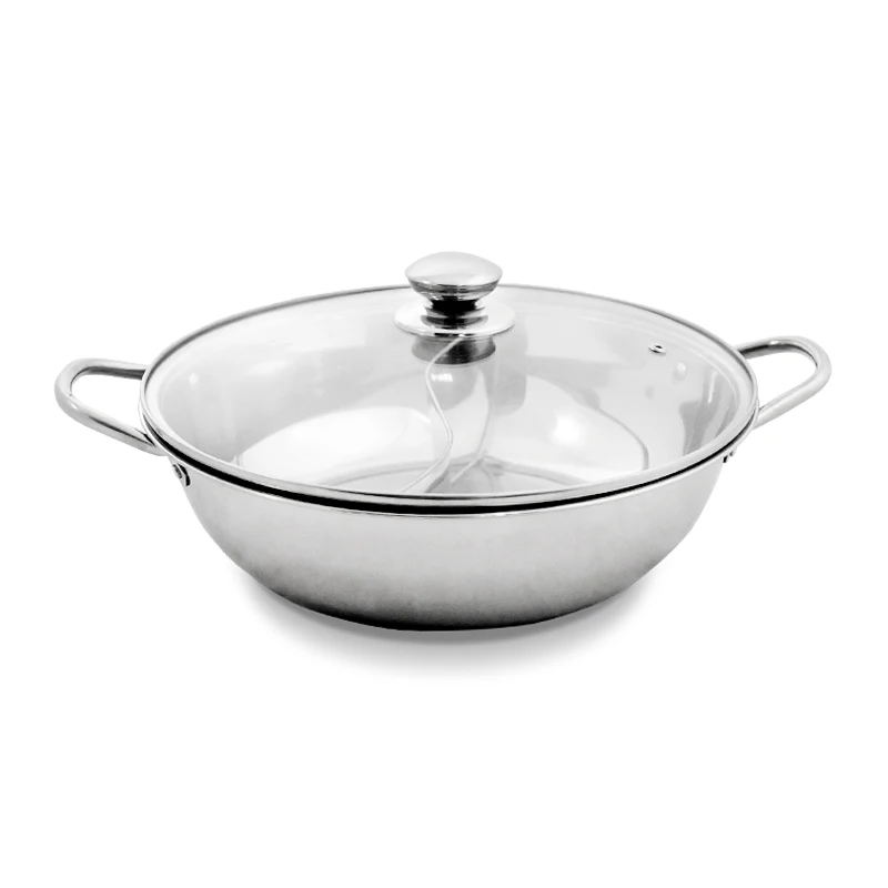 Chinese 304 Stainless Steel Cooking Pot Two-Flavor Hot Pot With Divider Soup & Stock Pot With Glass Lid