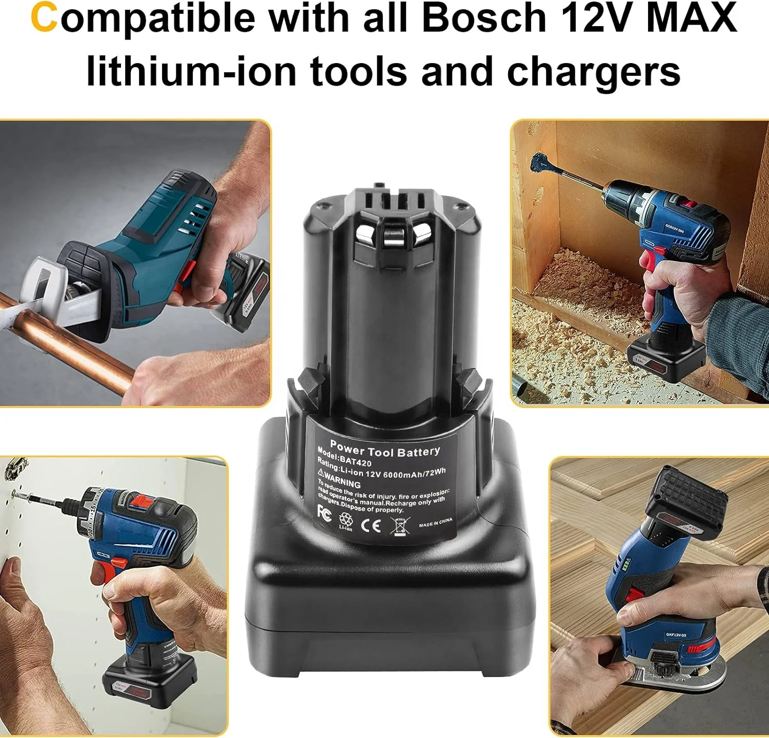 12V/10.8V 6.0Ah 5.0Ah Lithium-Ion Tools Battery for Bosch Cordless Tools GSC10.8V-LI GSR120- Li BAT411  BAT412 BAT414