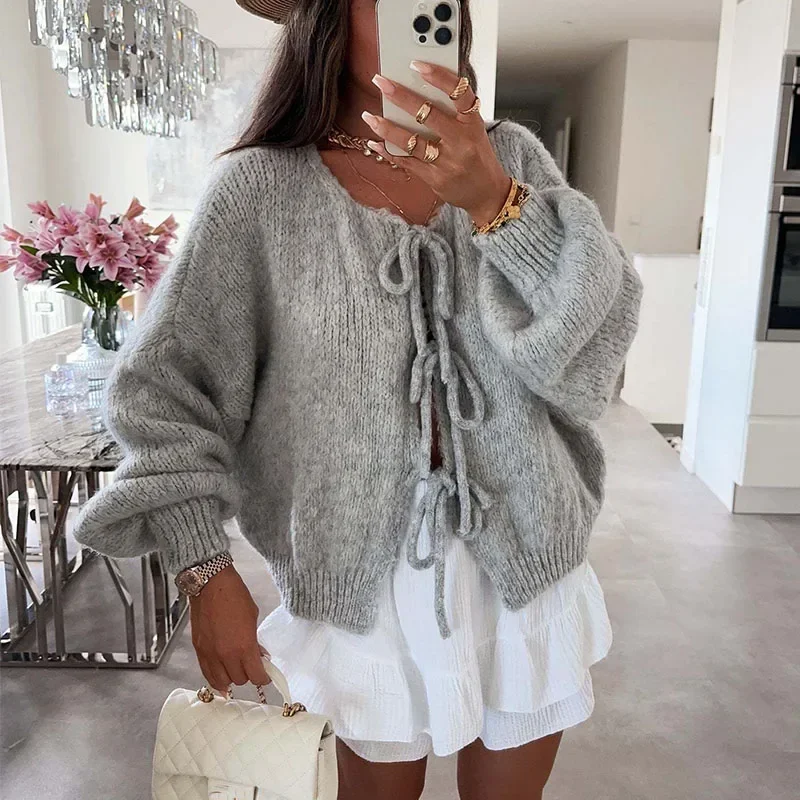 Women Lace-up Sweaters Cardigan Round Neck 2024 Autumn Winter Female Solid Color Long Sleeve Knitted Tops Lady Elegant Knitwear