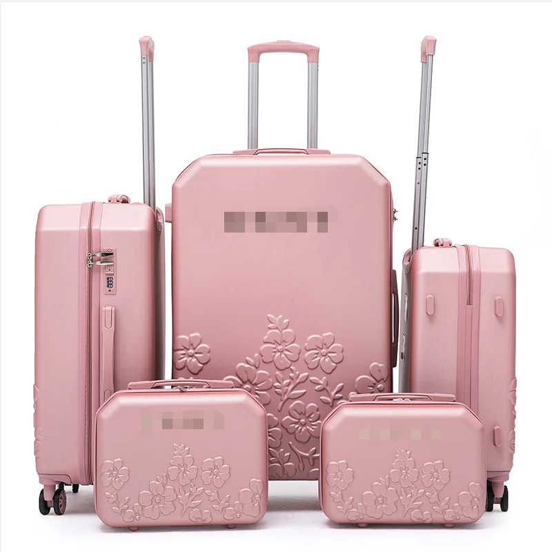 2024 Custom 12+14+20+24+28 5pcs Luggage ABS PC Travel Business Carry-on Luggage Novel PINK Trolley Suitcases