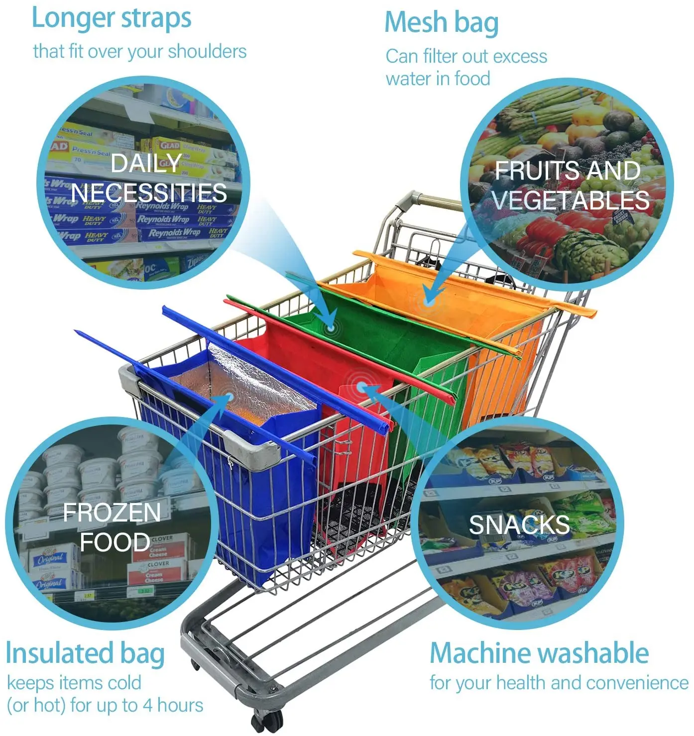 
Reusable Washable Grocery Cart Shopping Trolley Cart Bag with Cooler Bag 