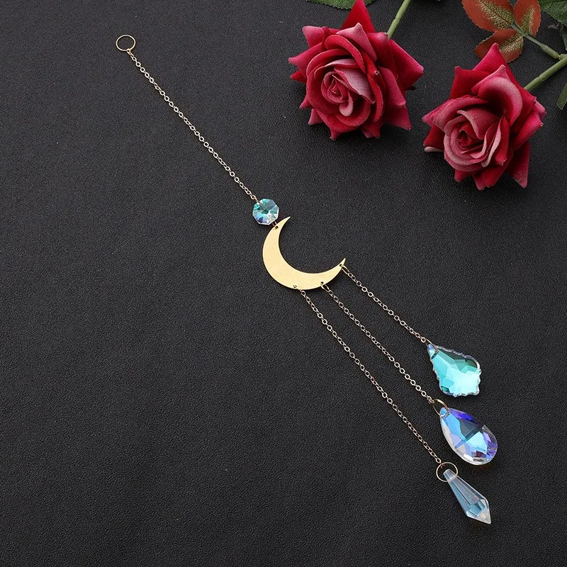 Wholesale Hanging Crystal Moon and Stars Sun Catcher Wind Chimes Gold Brass Glass Suncatchers For Window Decor