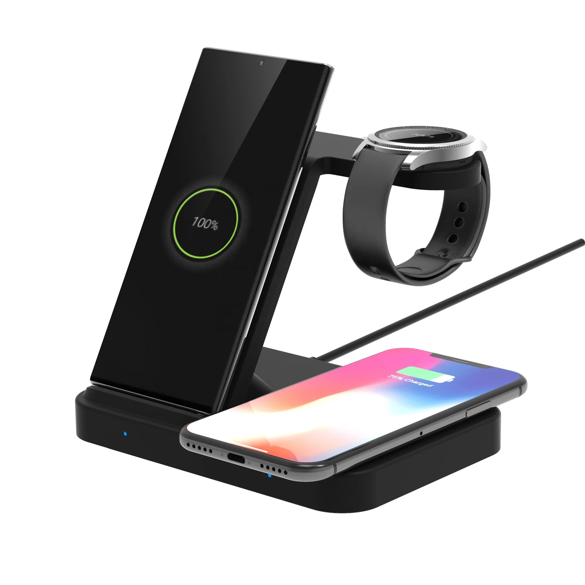 Black 4 in 1 Fast Wireless Charger Station for Qi Enabled Mobile Phone and Galaxy Watch and Galaxy Buds with USB Output Charging