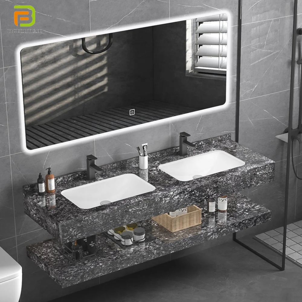 Customized double integrated sink bathroom vanity cabinet set with marble counter top basin
