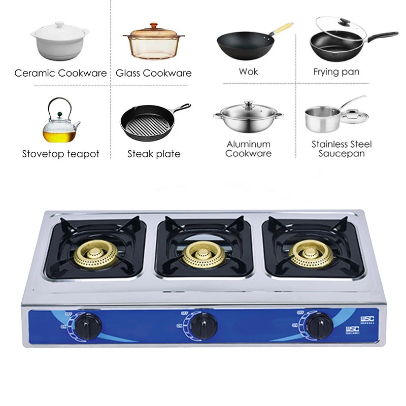 Kitchen appliance Cooktops tempered Three-hole lpg gas stove for home use for hot selling