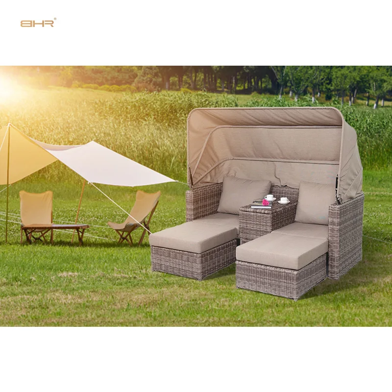 BHR-Hot selling sun beach bed outdoor patio rattan wicker daybed with canopy outdoor lounge sofa