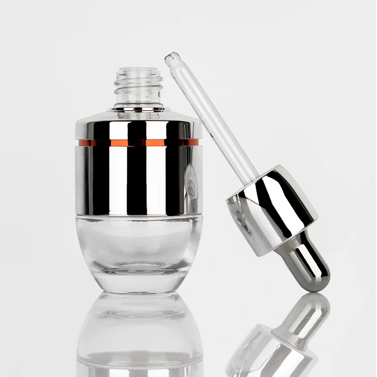 Luxury Skincare Empty Glass 30ml Silver or Gold White Electroplating  With Glass Pipette glass bottle
