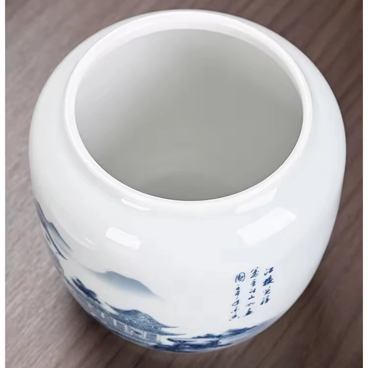 portable porcelain food and tea and rice storage jar with wood knob lid porcelain storage can