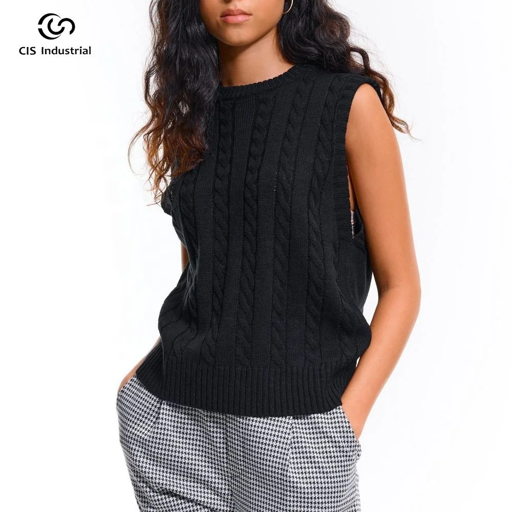 Oem/Odm Custom O-neck Pullover Knit Vest Black Tank Top Women High Quality Cable Knit Sleeveless Sweater Vest For Women