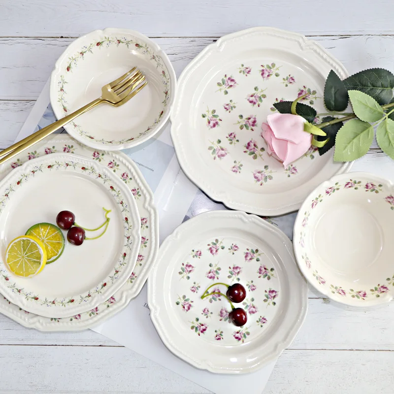 French Vintage Applique Embossed Salad Bowl Ceramic Plates Tableware Set Plate Dish Dinnerware Sets,dishes & Plates Round Carton