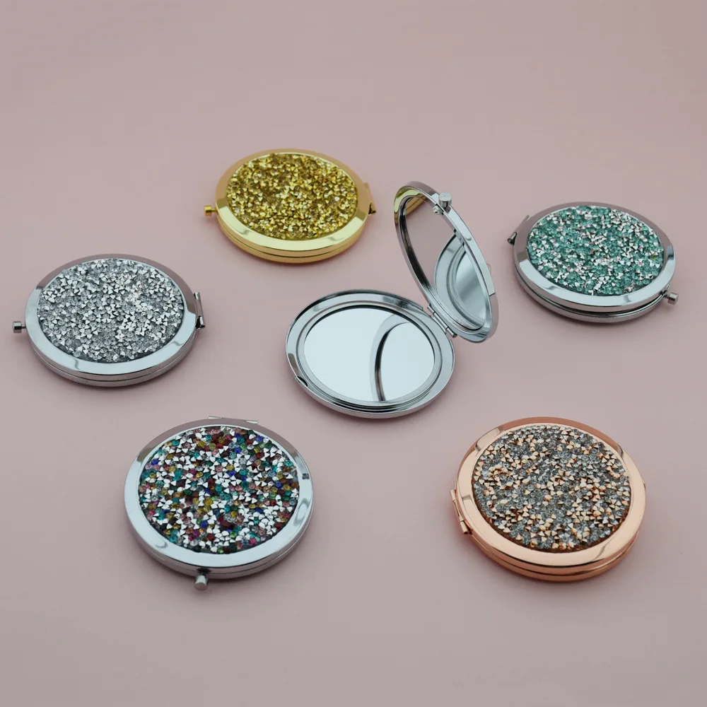 Custom Bling Crystal Rhinestone Diamond Portable Mini Folding Round Pocket Makeup 1x 2x Magnifying Mirrors Gold Silver Compact