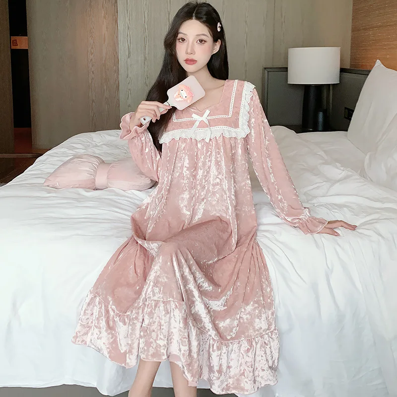 Hot Golden Velvet Square Neck Lace Night Dresses for Women Long Sleeve Autumn/Winter Home Clothes