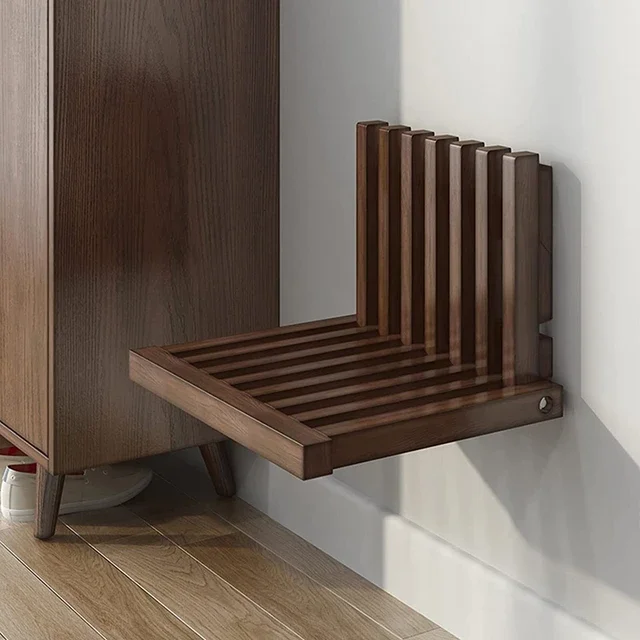 Addreen Customizable colors Bamboo Folding Shower Seat Wall Mounted Door Rear Folding Chair Entrance Bamboo Shoe Changing Stool