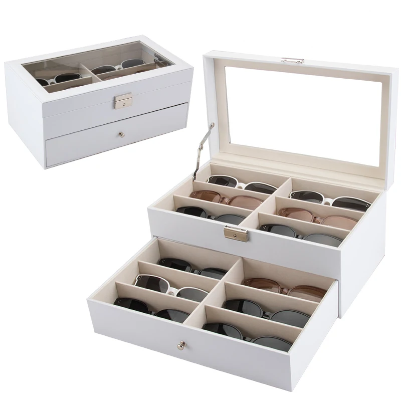 Sunglasses Suitcase Display Boxes Eyeglasses Storage Boxes Window Wooden and Leather Wholesale 12 Slots Pu Leater 2 Floors Black