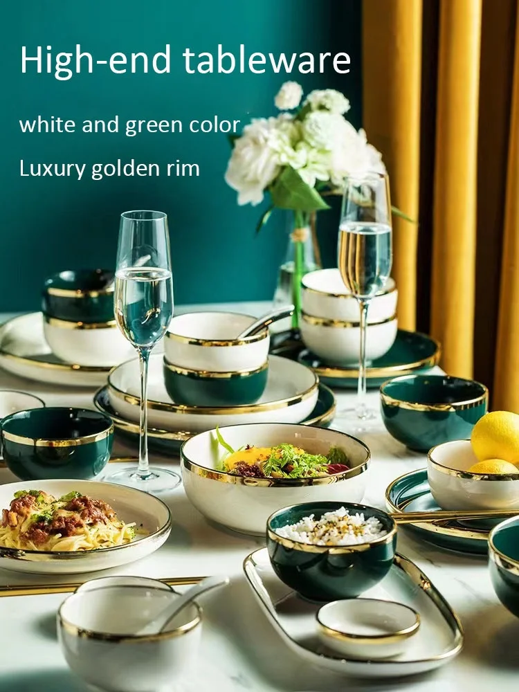 Europe style classic green and white dinner plate luxury golden rim bowl dish dinnerware set tableware