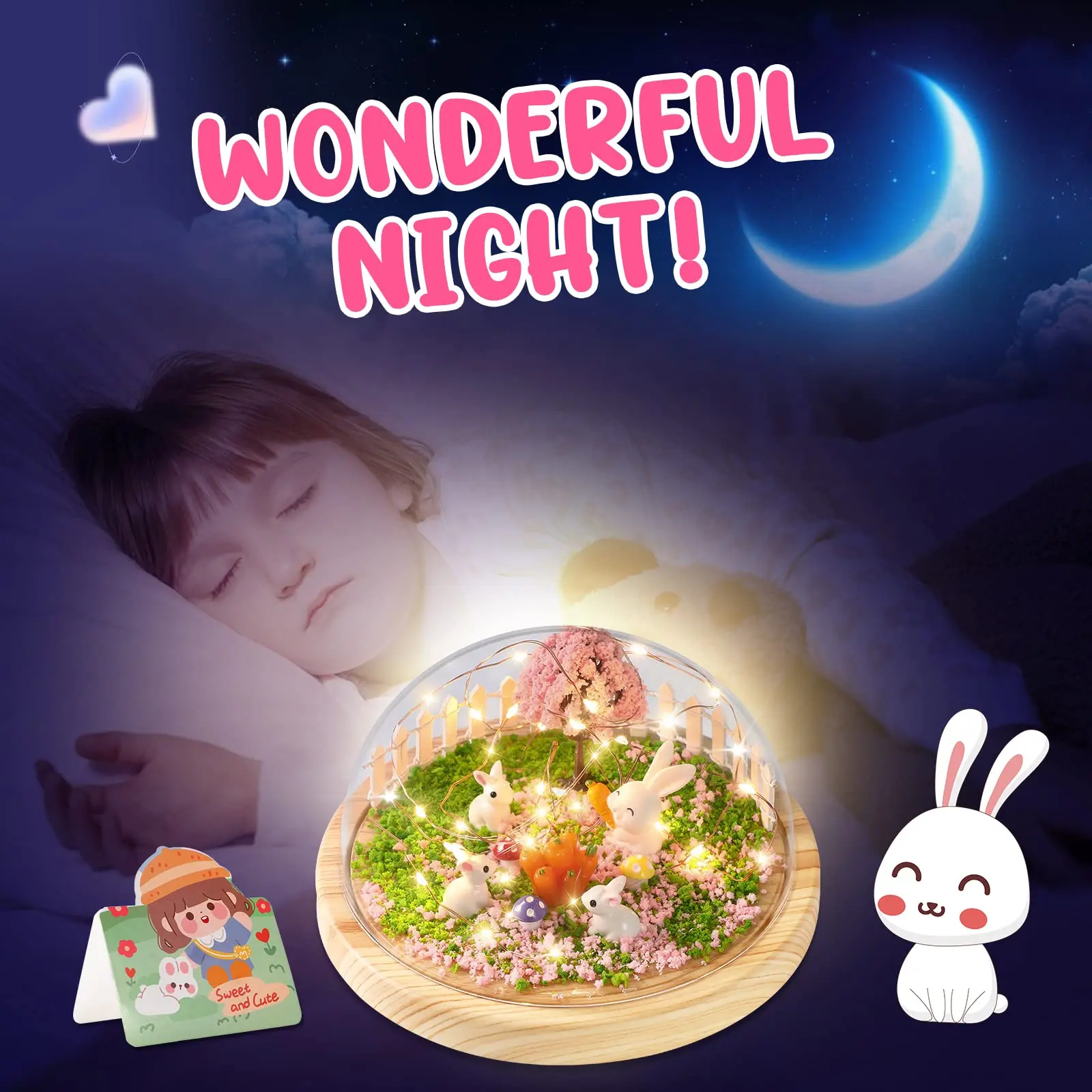 Small Scene Rabbit Bunny Tiny Carrot 3D Led Night Lamp WIth Wooden Base Craft Kit