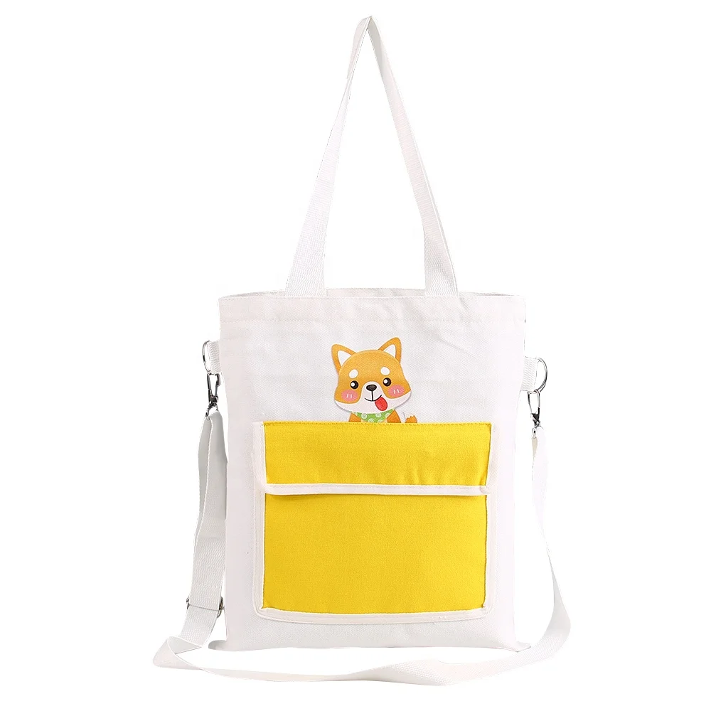 Trendy Simple Cotton Handbag  Thick Reusable Fashion Yellow Canvas Shopping Tote Bag Photo With Zipper And Pocket