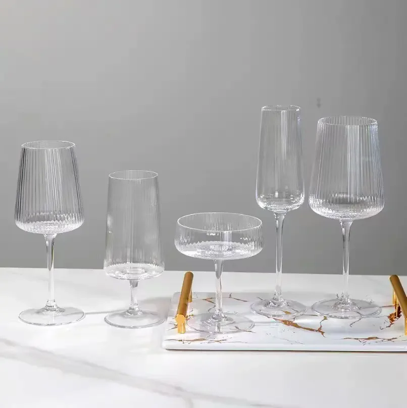 Unique Fluted Glassware Texture Stemless Wine Glasses Vertical Stripe Vintage Ribbed Wine Goblet Champagne Coupe Glasses