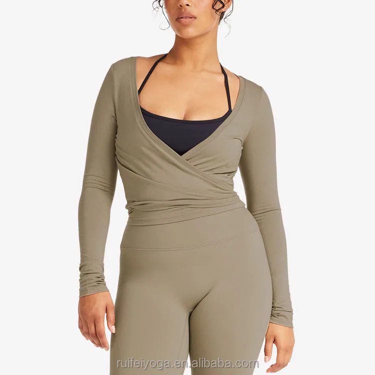 OEM Custom Design Soft Plunge neckline Front Slim Fitted Sport T Shirts Sexy Women Workout Gym Fitness Yoga Long Sleeve Wrap Top