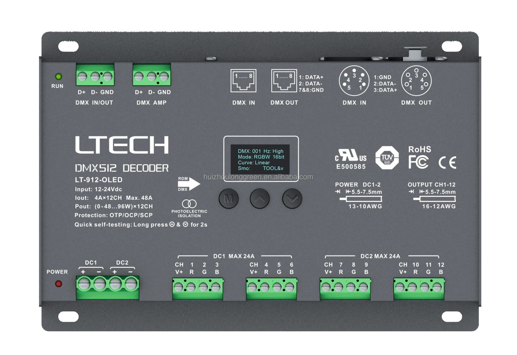 Ltech 12CH*4a CV DMX Decoder LT-912-OLED with OLED Display l decoder DIM/CT/RGB App Remote Control for stage lighting