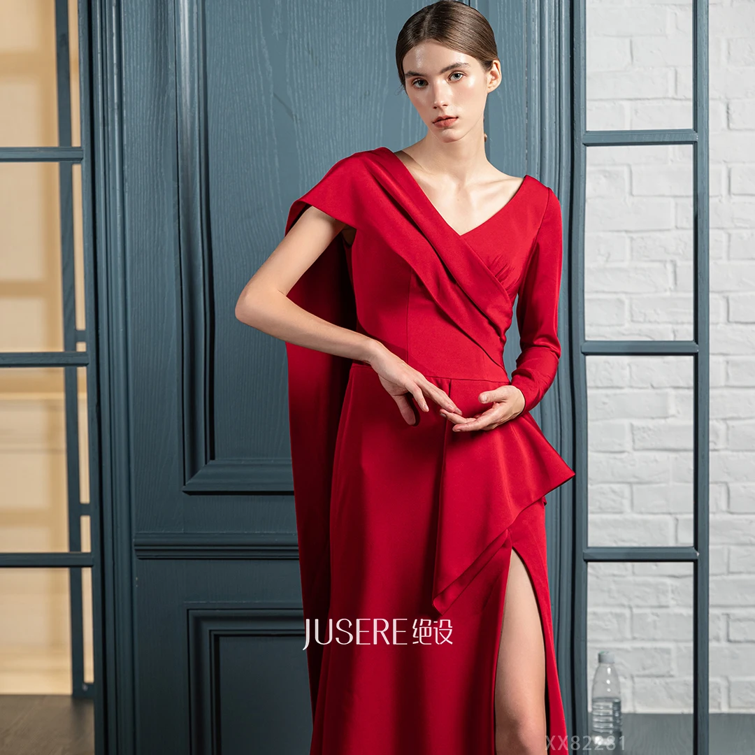 New collection  red v neck one long sleeves ruffles high split skirt mermaid trumpet evening dress elegant party gown