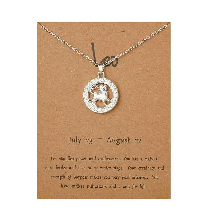 Rose Gold Plated Zodiac Necklace Chain Round 12 Horoscope with Card Pendant Zodiac Sign Jewelry For Women
