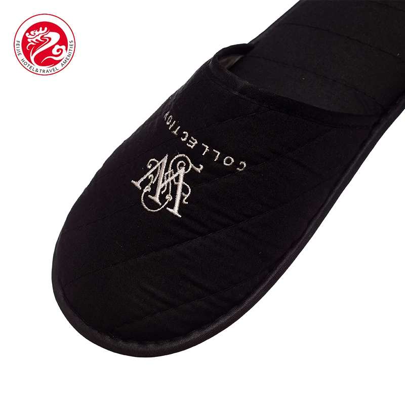 Customized Point Plastic Non-slip Sole Man Embroidered Velour Hotel Slipper, Disposable Washable Hotel Closed Toe Guest Slippers