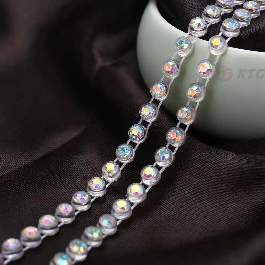 Plastic Rhinestone Sheet  Trimming Elastic Mesh Chain Rolls 24 Rows With Black & Transparent AB Crystal Wholesale Supplier