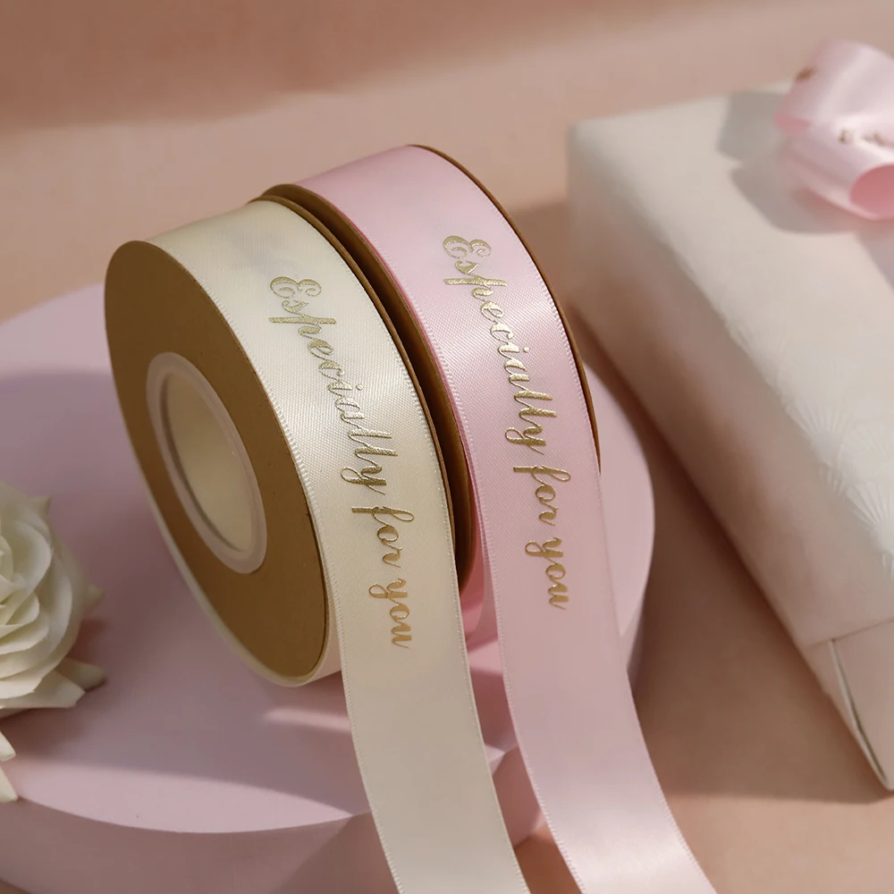 Custom Gift Wrapping Embossed rose gold Printed Recycled 100% Polyester Pink Grosgrain Satin Ribbon With Logo Brand