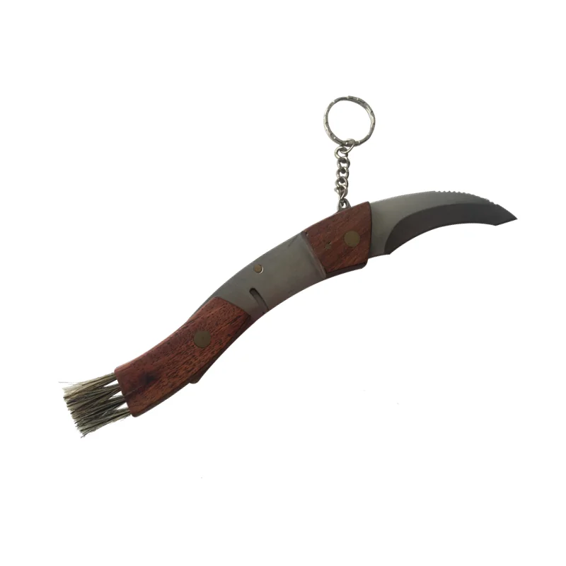 good quality wooden handle Outdoor Camping Mushroom picking Foraging Folding knife with brush